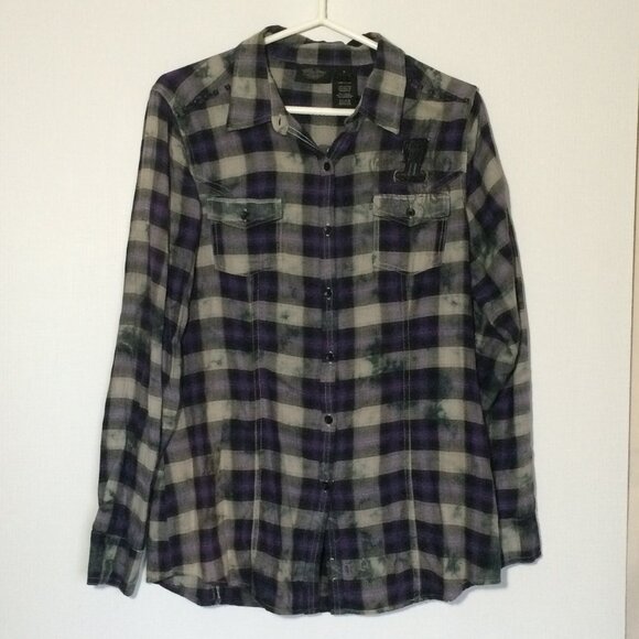 Harley Davidson Womens Blouse Large Plaid Splatter Dye Studded Long Sleeve - Picture 1 of 6